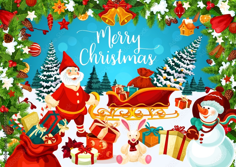Merry Christmas postcard with snowman and dwarf Merry Christmas postcard with snowman and dwarf