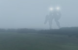 Sci-fi military giant battle machine. Humanoid robot in apocalypse countryside. Dystopia, science fiction, mech and combat technology concept.