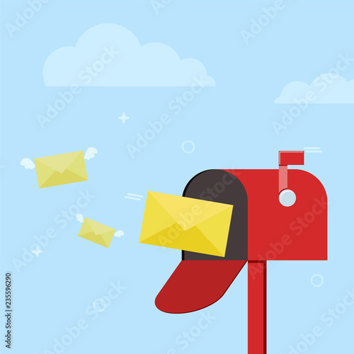 Mail box with letters for illustration of post, parcel, mail service, inbox and delivered message. E-mail concept. Colored flat background, vector design