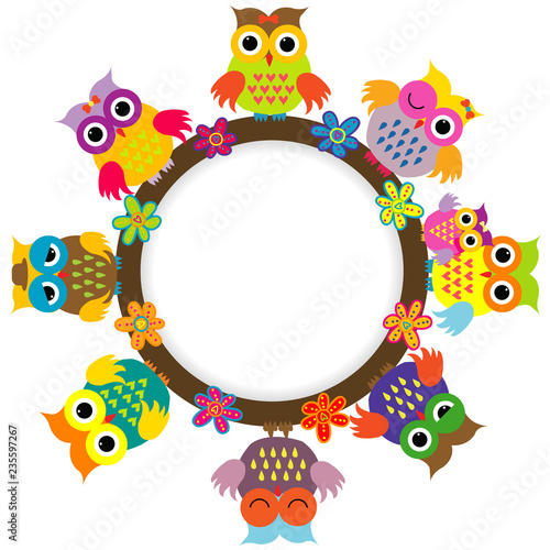 Cartoon cute owls round frame for kids