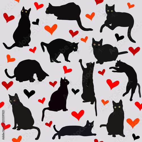 Seamless background with hearts and black cats