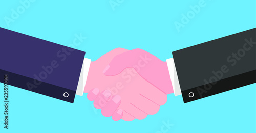 Businessmen shaking hands flat style design vector illustration with abstract rays. Success deal, partnership, greeting, handshaking agreement isolated on light blue background