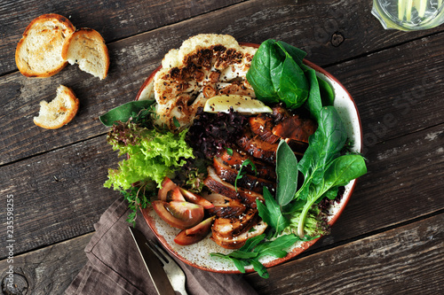 Balanced healthy food lunch chicken steak vegetables top view flat lay photo