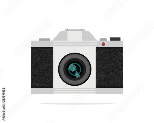 Flat vector icon of vintage SLR-camera with optical lens. Retro device with texture