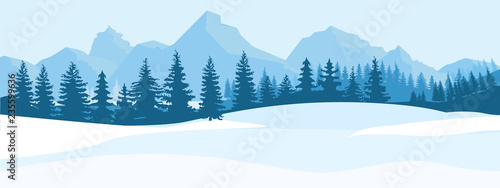Horizontal Winter Landscape. Mountains fir tree forest in distant. Flat color vector Illustration.