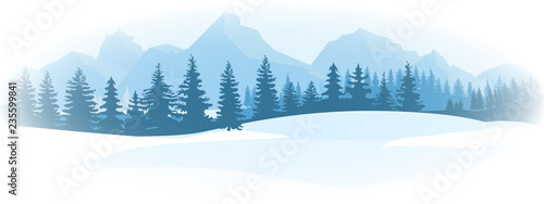 Horizontal Winter Landscape. Mountains fir tree forest in distant. Flat color vector Illustration.