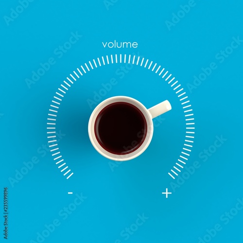 Top view of a cup of coffee in the form of volume control isolated on blue background, Coffee concept illustration, 3d rendering