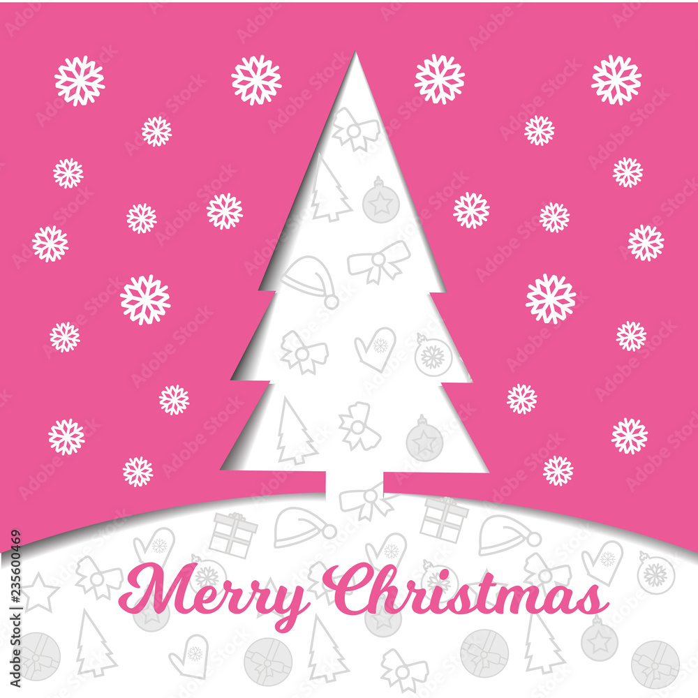 Christmas tree cut out of paper on a pink background with snowflakes and a white Christmas background Christmas tree cut out of paper on a pink background with snowflakes and a white Christmas background