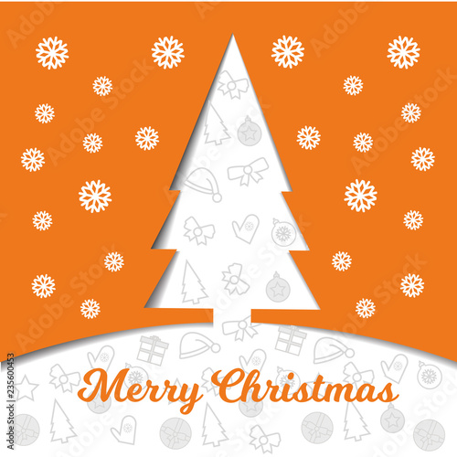 Christmas tree cut out of paper on a orange background with snowflakes and a white Christmas background