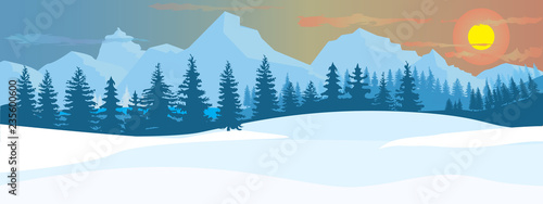 Horizontal Winter Landscape. Mountains fir tree forest in distant. Flat color vector Illustration.