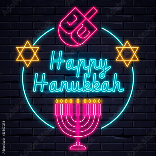 Illuminated neon signs Happy Hanukkah  holiday light electric banner glowing on black brickwall. Neons sign billboard design template with traditional Jewish candles, Menorah, Magen David Star,dreidel