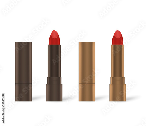 Open and closed red lipstick in bronze colored metal tube, mock-up