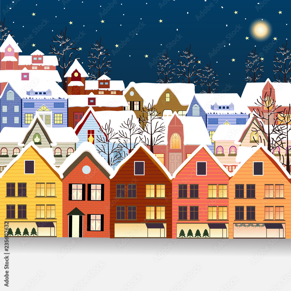 Winter landscape. Christmas trees and houses. Snowman. Merry Christmas and a Happy New Year