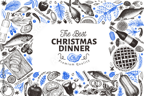 Happy Christmas Dinner design template. Vector hand drawn illustrations. Greeting Christmas card in retro style. Frame with harvest, vegetables, pastry, bakery, seafood, fish
