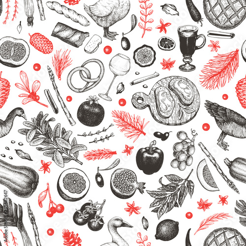Christmas dinner seamless pattern. Vector hand drawn illustrations. Happy Christmas dinner retro design. Background with harvest, vegetables, pastry, bakery, meat duck, goose.