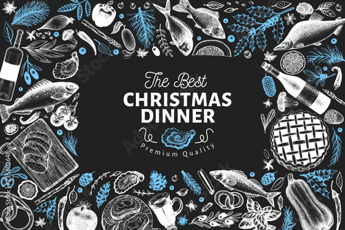 Happy Christmas Dinner design template. Vector hand drawn illustrations on chalk board. Greeting Christmas card in retro style. Frame with harvest, vegetables, pastry, bakery, seafood, fish