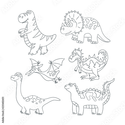 Dinosaurs. Set of vector illustration in doodle and cartoon style. Hand drawn. Linear. Black and white