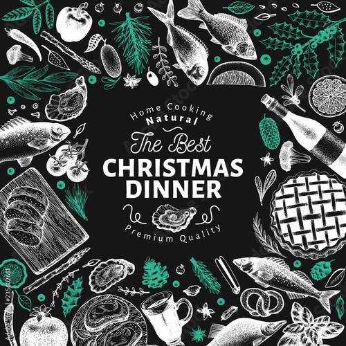 Happy Christmas Dinner design template. Vector hand drawn illustrations on chalk board. Greeting Christmas card in retro style. Frame with harvest, vegetables, pastry, bakery, seafood, fish