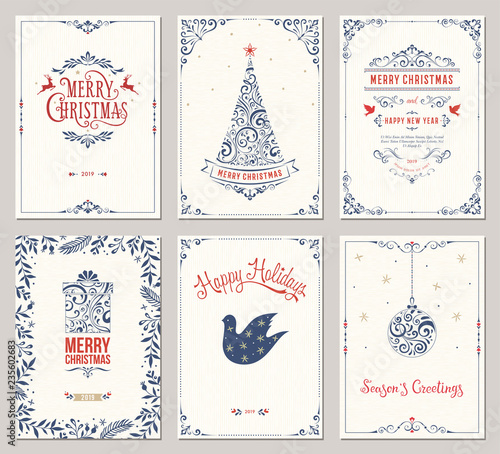 Ornate winter holidays greeting cards with New Year tree, gift box, Christmas ornaments, swirl frames and typographic design. 