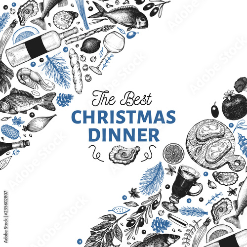 Happy Christmas Dinner design template. Vector hand drawn illustrations. Greeting Christmas card in retro style. Frame with harvest, vegetables, pastry, bakery, seafood, fish