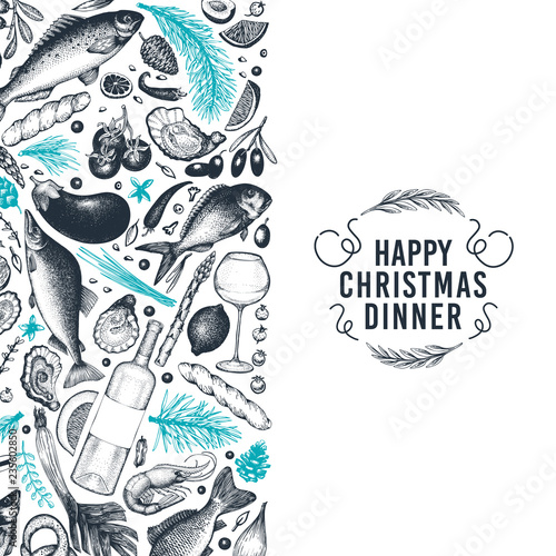 Happy Christmas Dinner design template. Vector hand drawn illustrations. Greeting Christmas card in retro style. Frame with harvest, vegetables, pastry, bakery, seafood, fish