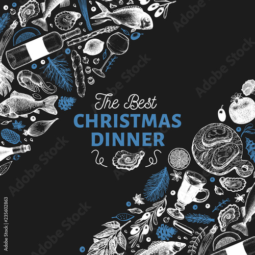 Happy Christmas Dinner design template. Vector hand drawn illustrations on chalk board. Greeting Christmas card in retro style. Frame with harvest, vegetables, pastry, bakery, seafood, fish
