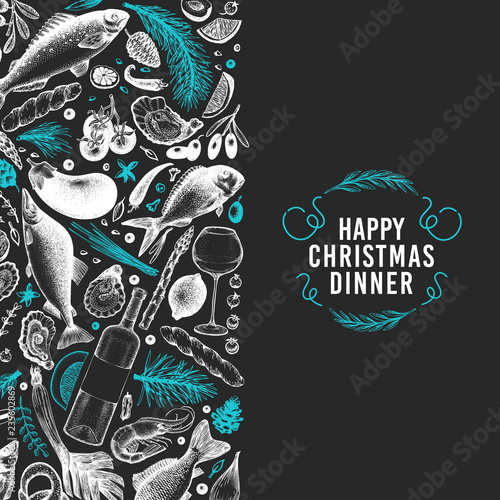 Happy Christmas Dinner design template. Vector hand drawn illustrations on chalk board. Greeting Christmas card in retro style. Frame with harvest, vegetables, pastry, bakery, seafood, fish