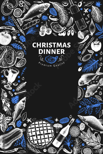 Happy Christmas Dinner design template. Vector hand drawn illustrations on chalk board. Greeting Christmas card in retro style. Frame with harvest, vegetables, pastry, bakery, seafood, fish