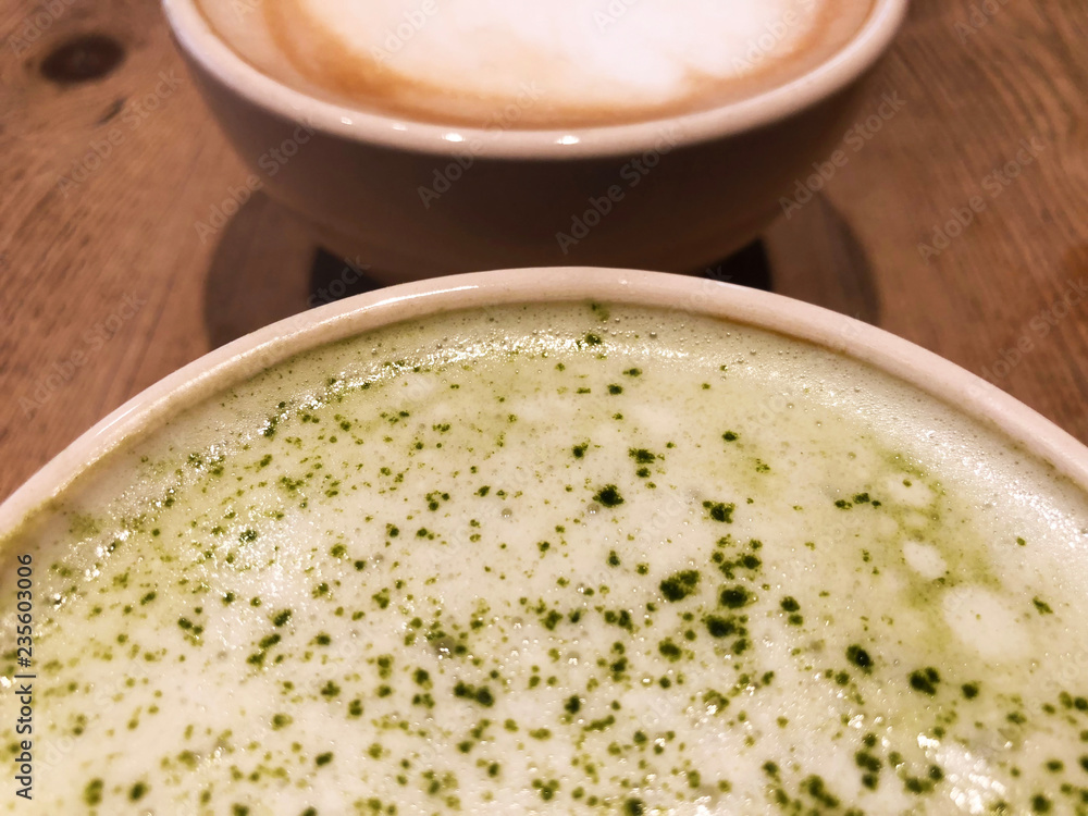 Half Cup Of Matcha Tea Latte And Cafe Latte Half Cup Of Matcha Tea Latte And Cafe Latte