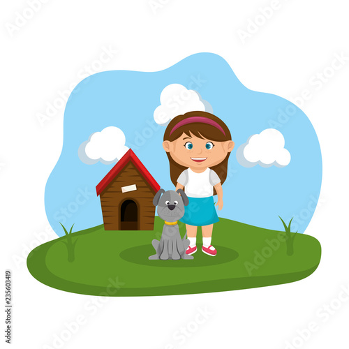 cute dog and girl with house wooden