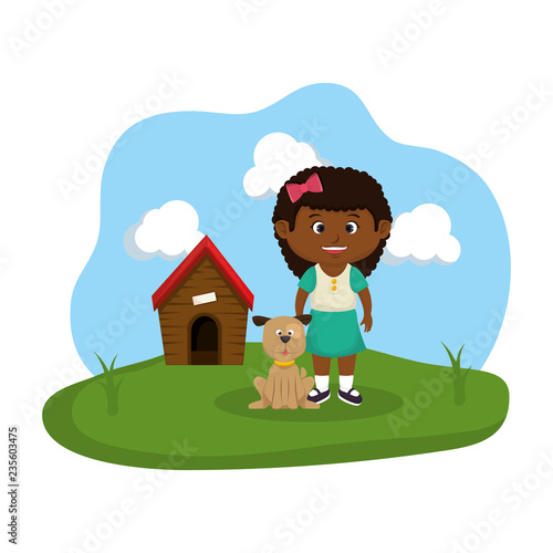 cute dog and girl with house wooden