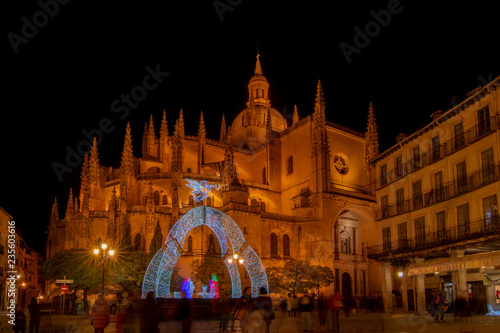  Christmas lights and decorations adorn the square of cathedral in Segovia