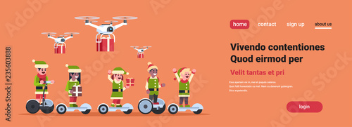 mix race elf santa claus helper ride electric scooter drone present delivery service christmas holiday new year concept flat horizontal copy space vector illustration