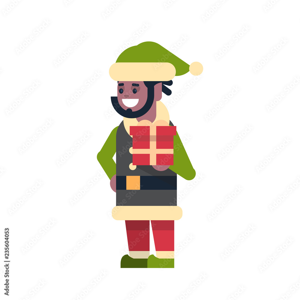 african american man elf santa claus helper hold gift box present merry christmas holiday happy new year concept male cartoon character full length flat vector illustration