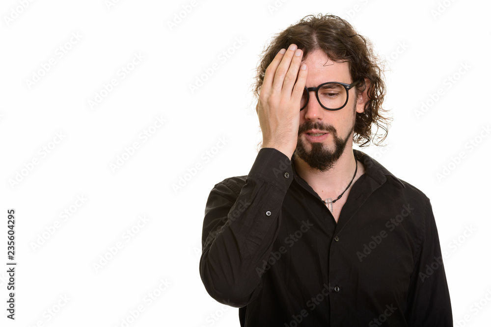 Handsome Caucasian man looking tired and stressed with failure Handsome Caucasian man looking tired and stressed with failure