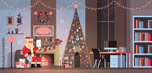 santa claus in living room decorated for christmas new year holiday sit armchair pine tree fireplace read letter wish list home interior concept flat horizontal vector illustration