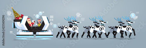 Santa with elf in robotic modern sleigh with robot reindeers artificial intelligence merry christmas happy new year greeting card winter holidays concept horizontal flat vector illustration