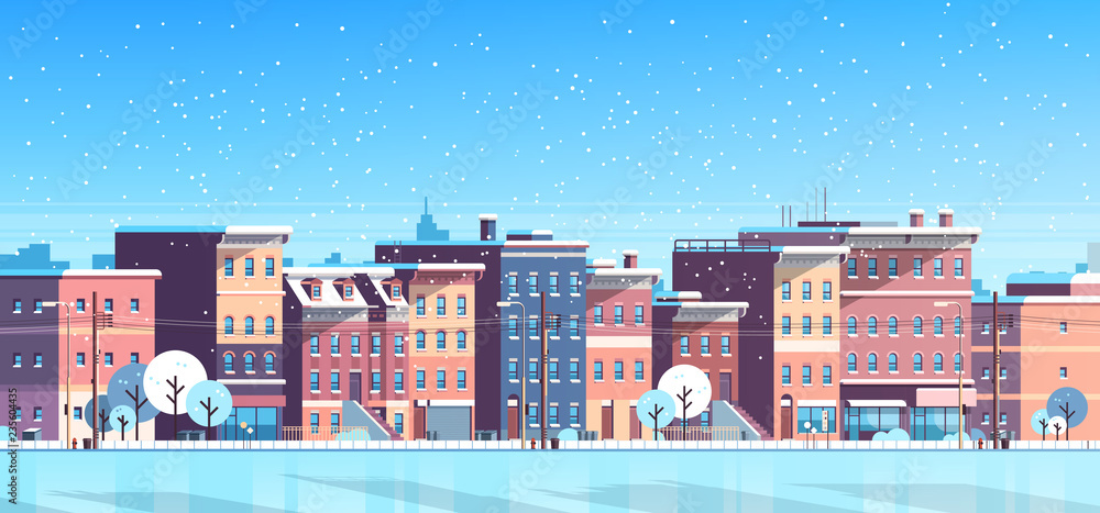 city building houses winter street cityscape background merry christmas happy new year concept flat horizontal banner flat vector illustration