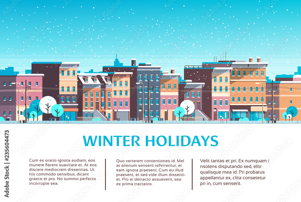 city building houses winter street cityscape merry christmas happy new year holiday greeting card copy space template flat horizontal flat vector illustration
