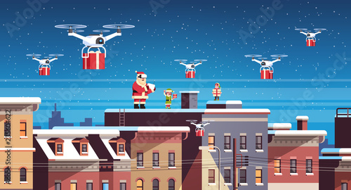santa claus with elves on roof hold controller drone delivery present service happy new year merry christmas holiday concept flat horizontal vector illustration