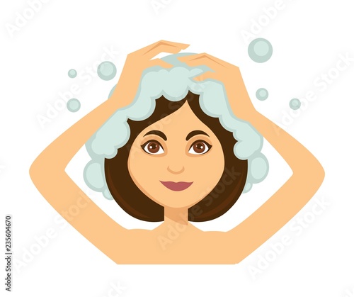 Young woman washing her hair and taking shower