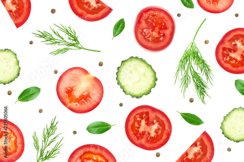 Fototapeta Naklejka Na Ścianę i Meble -  Photo collage for food leaflet template, vegetable vegans flyers. Fresh organic healthy layout, vegetables cover. Organic ads. Sliced tomatoes, cucumbers, dill and green basil leaves with peppercorn.