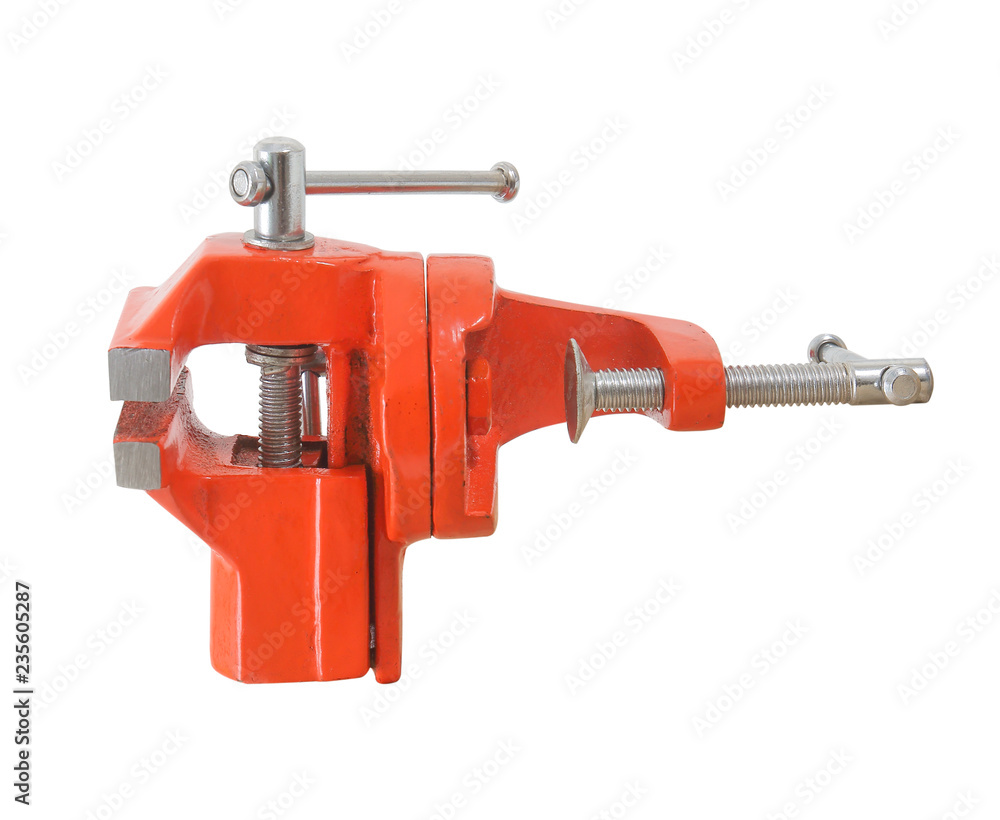 Mechanical hand vise red clamp, isolated on white background Mechanical hand vise red clamp, isolated on white background