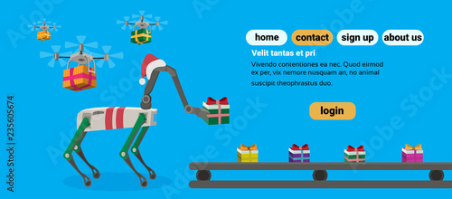 robot deer red hat gift box present drone delivery service factory conveyor industry robotic mechanical character reindeer flat copy space horizontal vector illustration