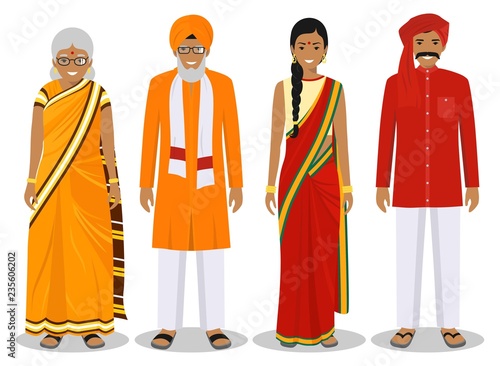 Family and social concept. Indian person generations at different ages. Set of adult people in traditional national clothes: father, mother, grandmother, grandfather standing together. Vector