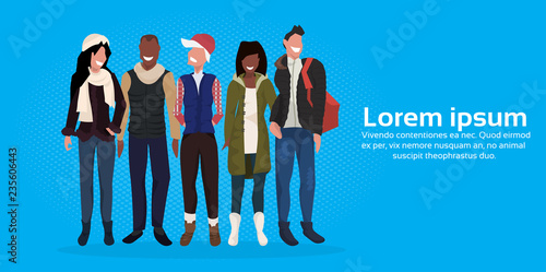 mix race people group wearing winter clothes standing together female male cartoon character full length blue background flat horizontal copy space vector illustration