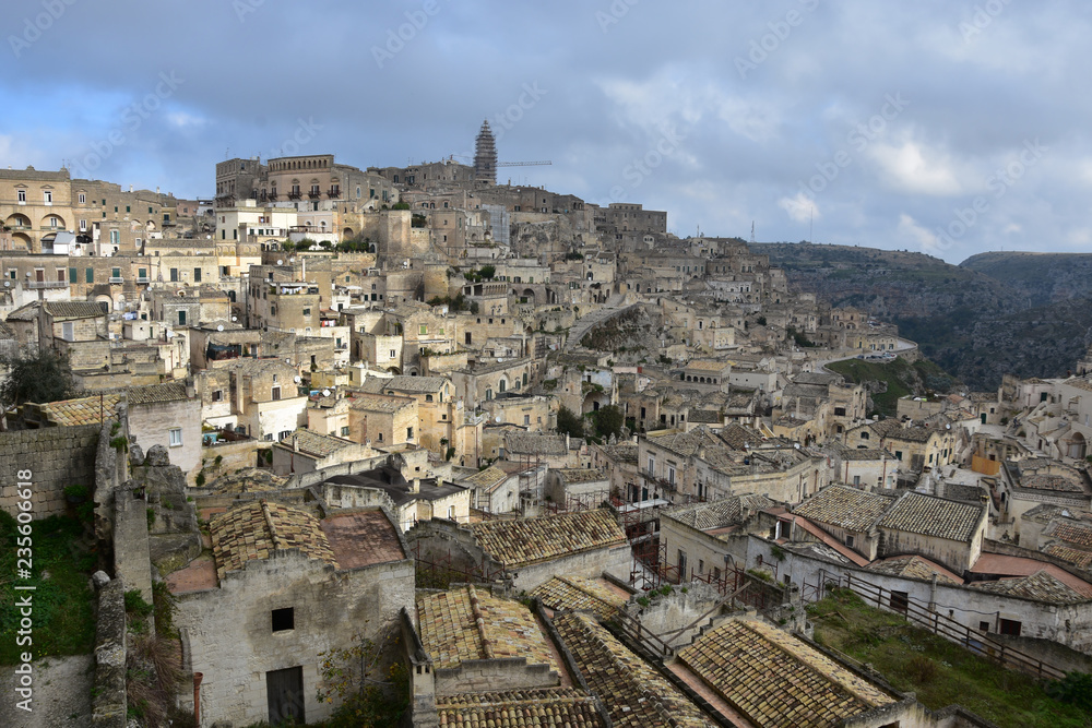 View to the old town of Matera, Italy in a cloudy day