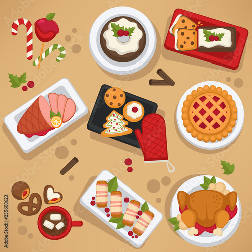 Christmas food on celebrating table feast on winter holiday