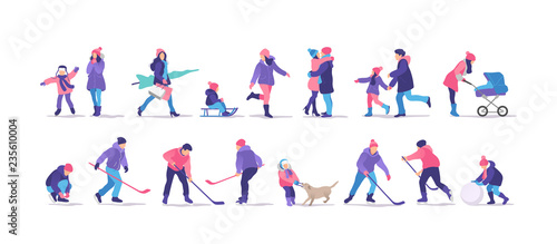 Winter time. Set of people strolling. Outdoor activities. Vector illustration.