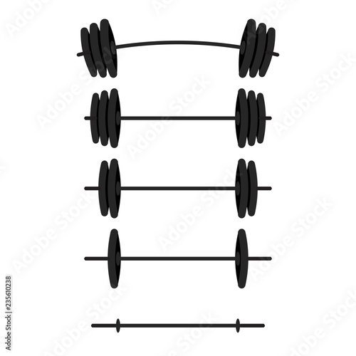 Black barbells with different weight set for gym, fitness and athletic. Weightlifting and bodybuilding equipment